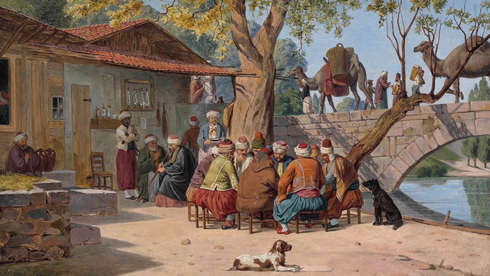 A caravan of laden camels crossing the Caravan Bridge in İzmir, with merchants gathered at the coffee house by the bridge