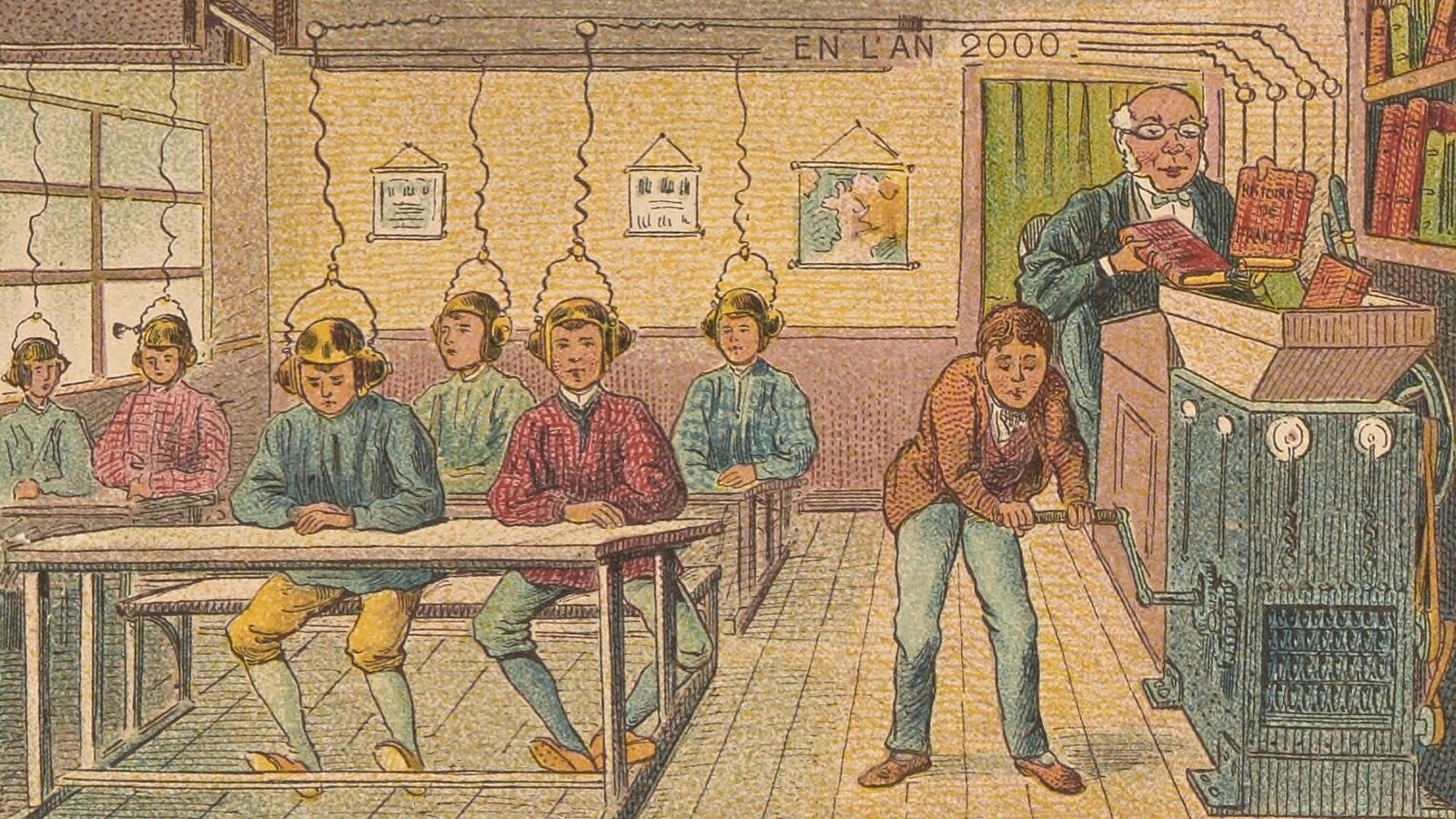 A 1910 card imagining the year 2000: a teacher feeds books into a machine that sends knowledge through wires to pupils' heads