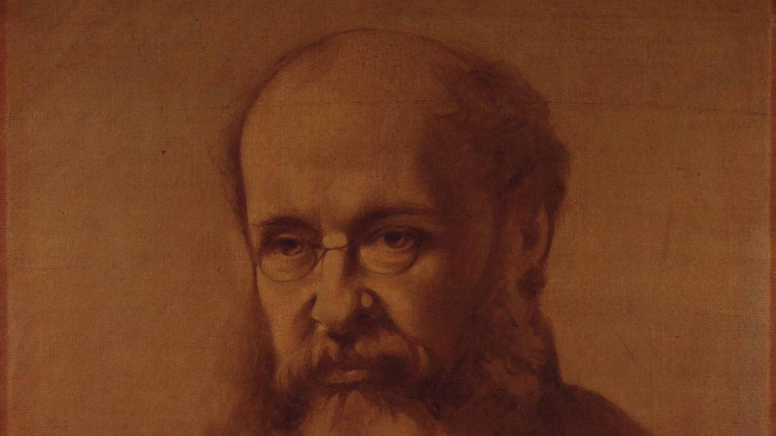 A red chalk portrait of the bespectacled, bushy-bearded writer Anthony Trollope