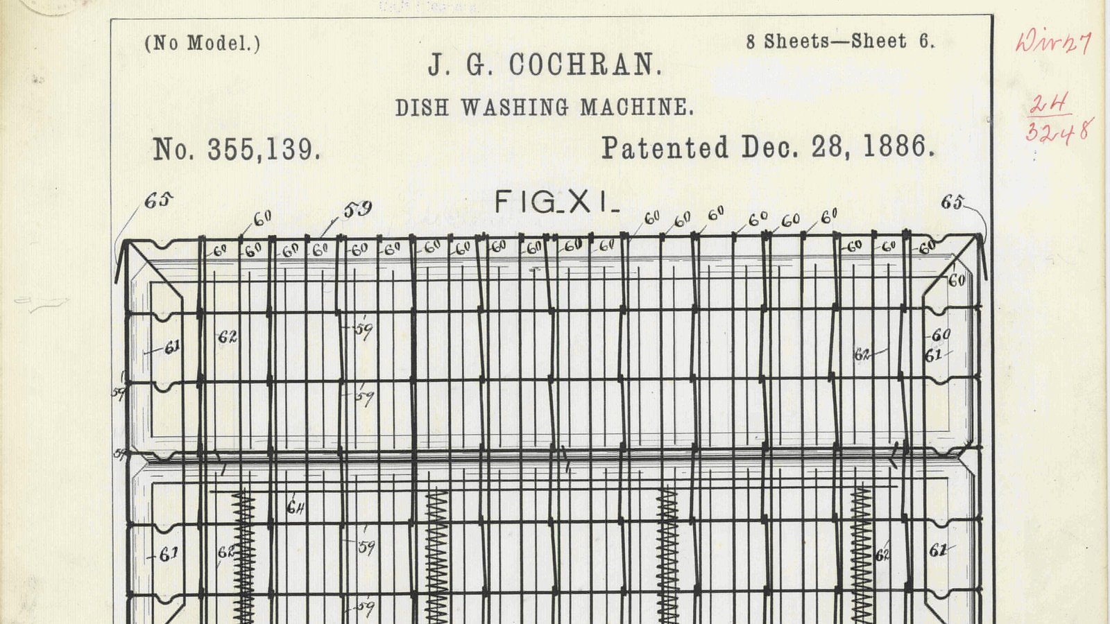 J. G. Cochran'ın 28 Aralık 1886 tarihli bulaşık makinesi patentinin altıncı sayfası: başlık ve tabaklar için tel bölmeli sepet çizimi