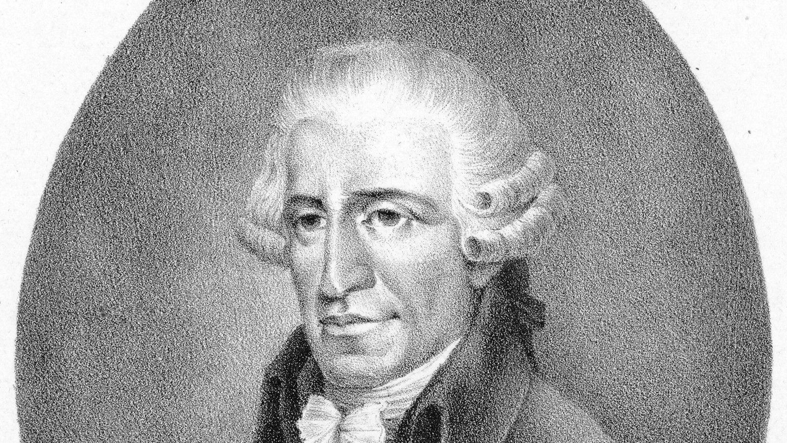 Oval-framed lithograph portrait of the composer Joseph Haydn in a powdered wig and court dress
