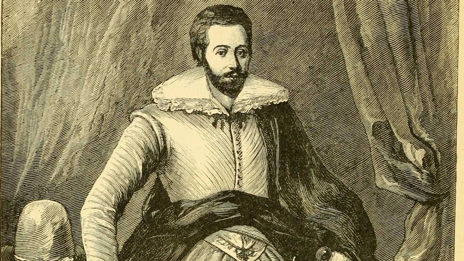 Engraved portrait of the explorer Sir Hugh Willoughby, with a ruff collar and puffed breeches, leaning on a table