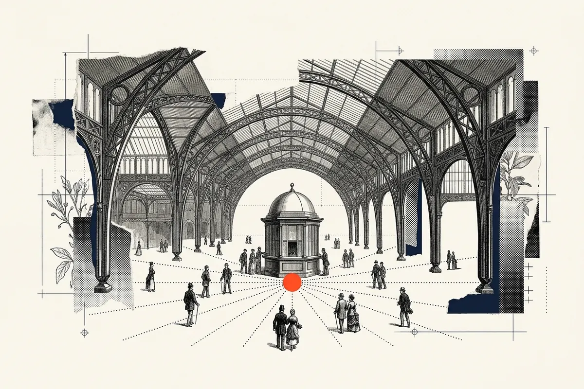 A round, domed information kiosk in the middle of a grand 19th-century railway station concourse, with small figures walking towards it from every direction