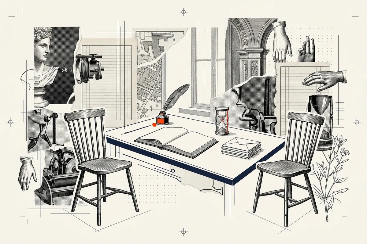 Two chairs facing each other in an eighteenth-century counting room, with an open ledger, a quill, an inkwell and an hourglass on the desk