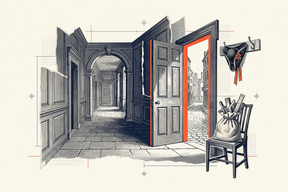 A door at the end of a quiet corridor opening onto a sunny street, a tied cloth sack on a chair beside it and a hat on a hook