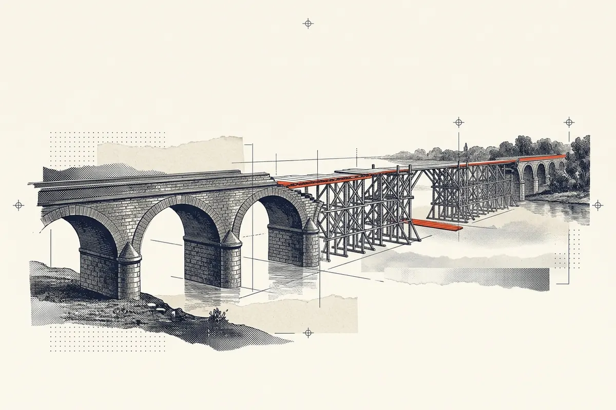 A bridge under construction over a river: its stone arches finished on one side, the rest of the span carried across to the far bank on wooden scaffolding