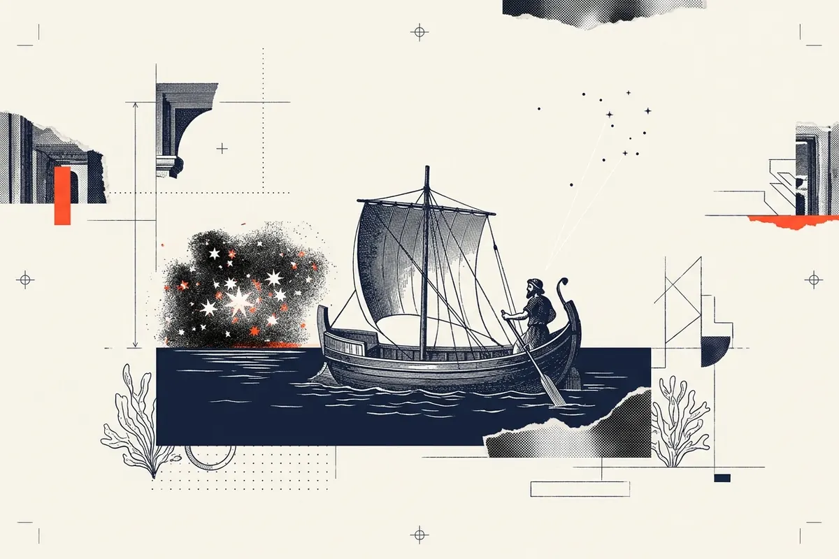 An ancient merchant ship with a single square sail on a night sea; the helmsman steers not by the bright cluster of stars low on the horizon but by a small, faint group of stars high above
