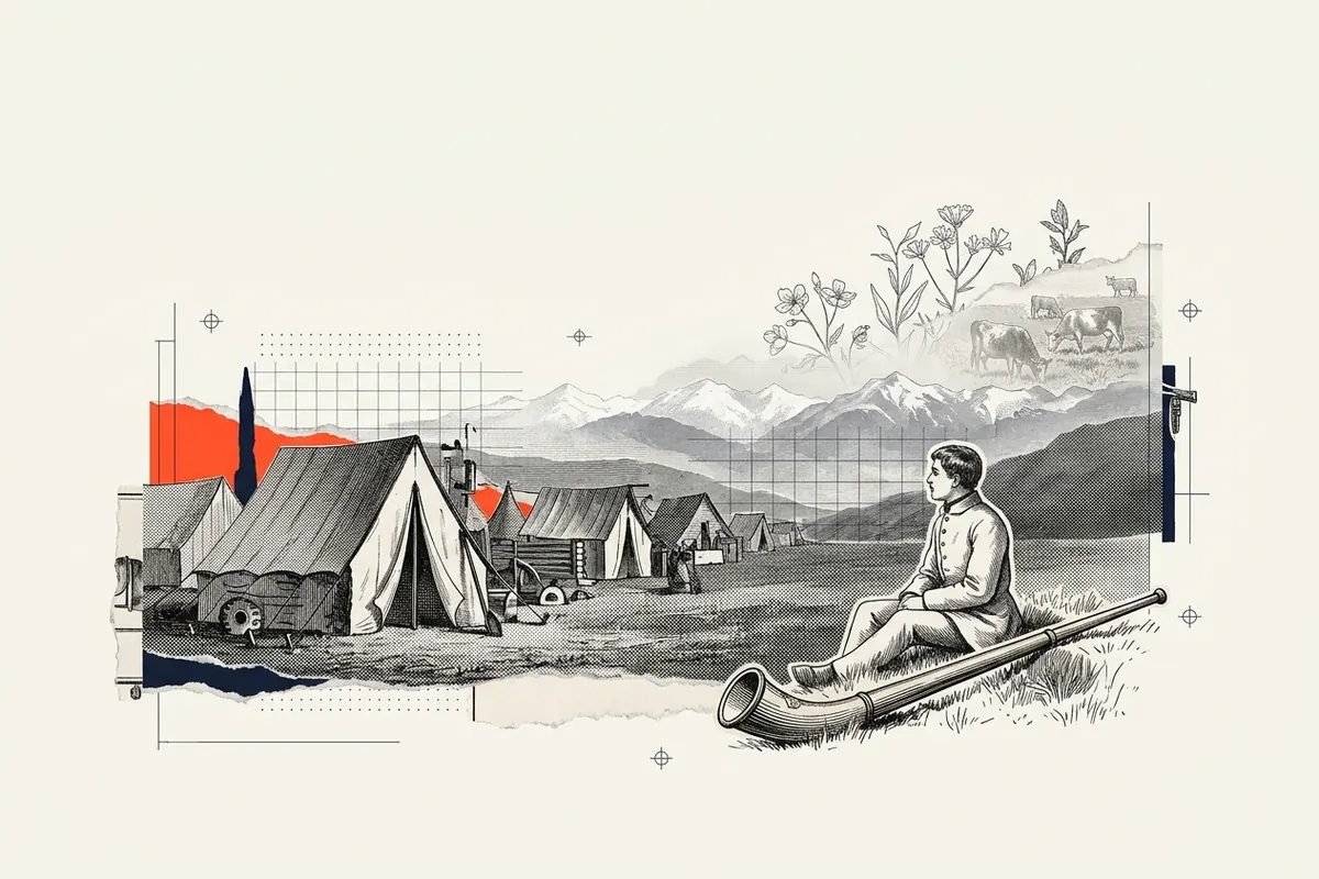 A young soldier in an 18th-century military camp gazing at distant snowy mountains, a long wooden alphorn resting on the grass beside him