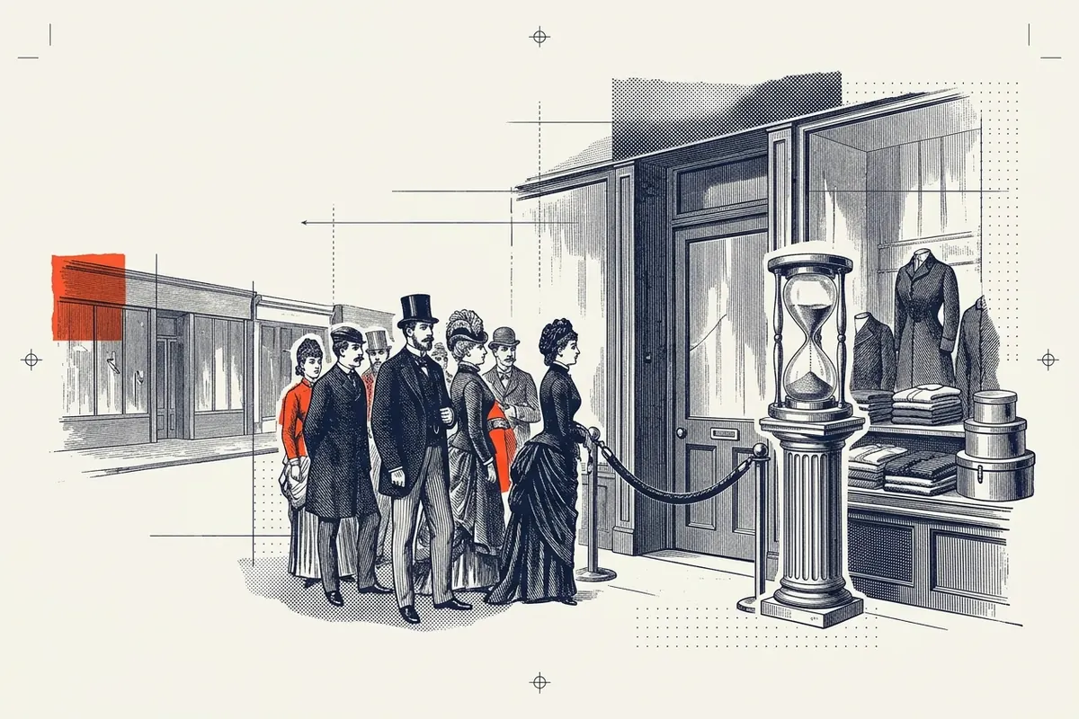 A well-dressed crowd waiting outside a shop door closed with a velvet rope, an hourglass on a stand beside the door