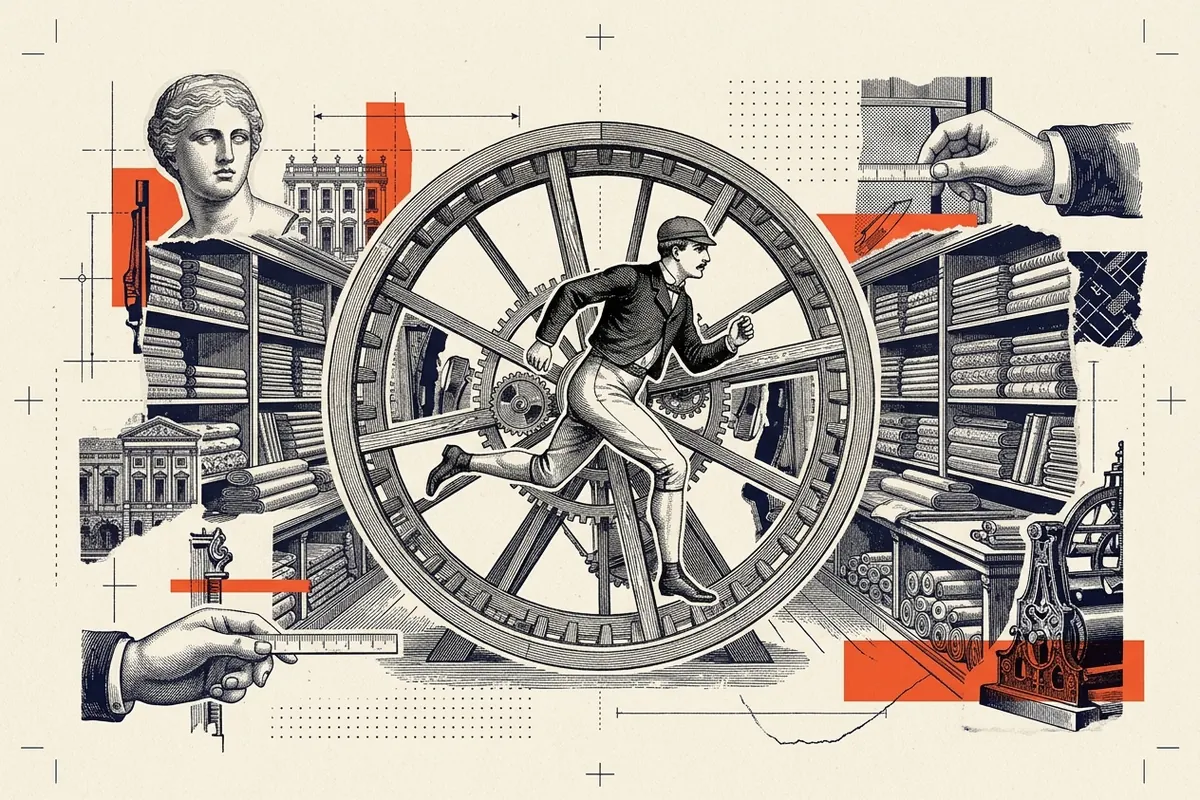 A runner sprinting inside a large wooden wheel while the shop shelves around him stay exactly the same