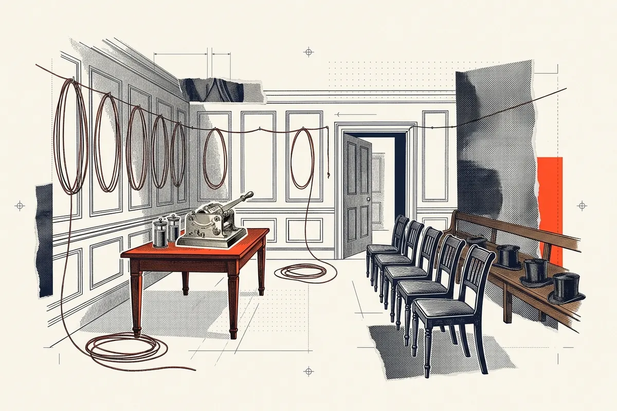 A 19th-century committee room: coils of copper wire hung along the walls, a brass telegraph instrument on the table, empty chairs beside an open door and top hats left on a bench