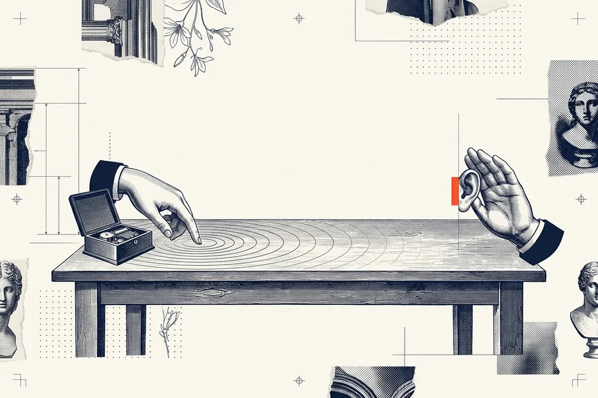 Two hands at either end of a wooden table: one tapping the tabletop with its fingers, the other cupped behind an ear, with rings spreading between them