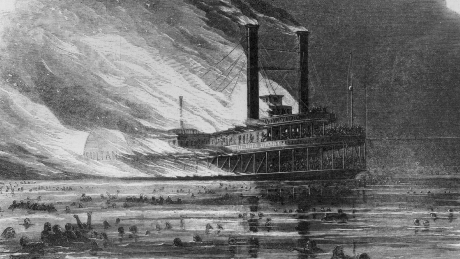 1865 tarihli bir ağaç baskı: Sultana vapuru alevler ve duman içinde, çevresinde suda yüzen insanlar