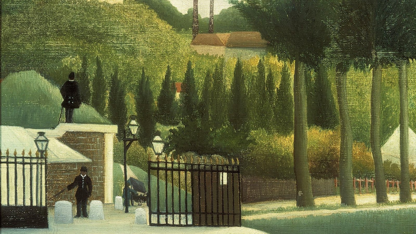 Henri Rousseau's painting The Toll Gate: two uniformed toll officers by an iron gate at the edge of Paris, with rows of poplars and green hills behind