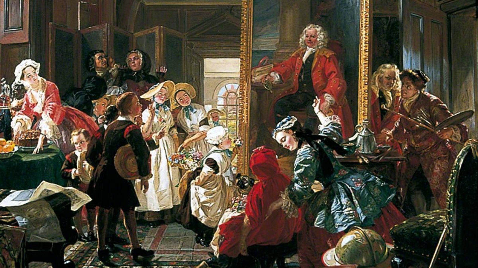 William Hogarth in his studio, palette in hand, showing visitors his portrait of Captain Coram
