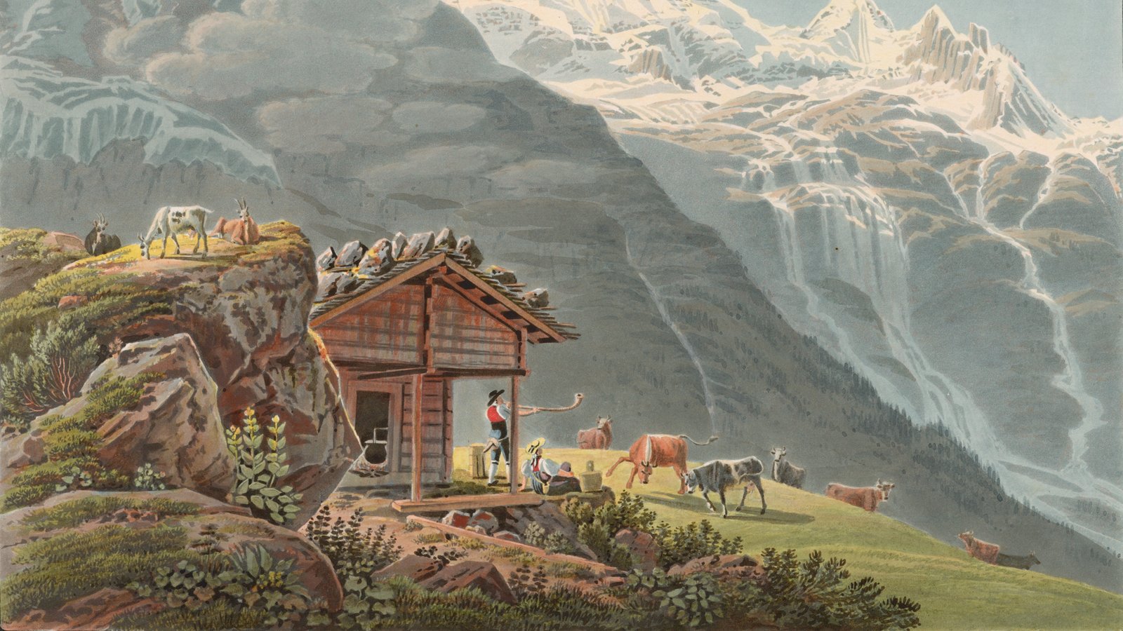 An 1822 coloured aquatint of a Swiss mountain pasture: a herdsman blowing a long alphorn beside a wooden hut as cows gather, with snowy peaks and waterfalls behind