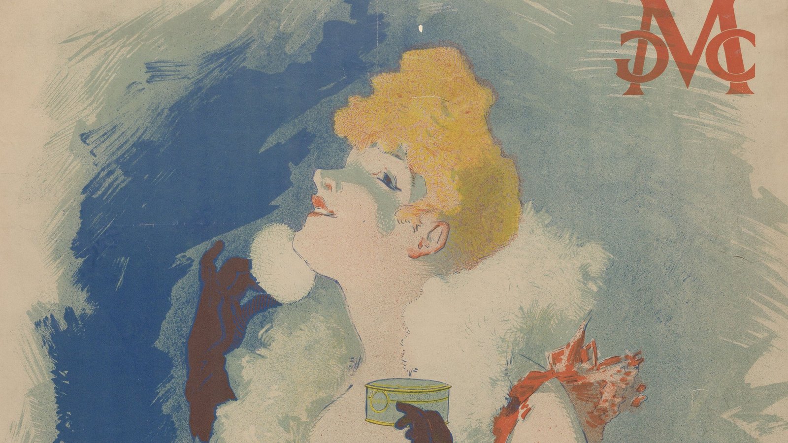 Jules Chéret'nin Sarah Bernhardt adını taşıyan La Diaphane pudrası afişinde pudra kutusunu tutan kadın