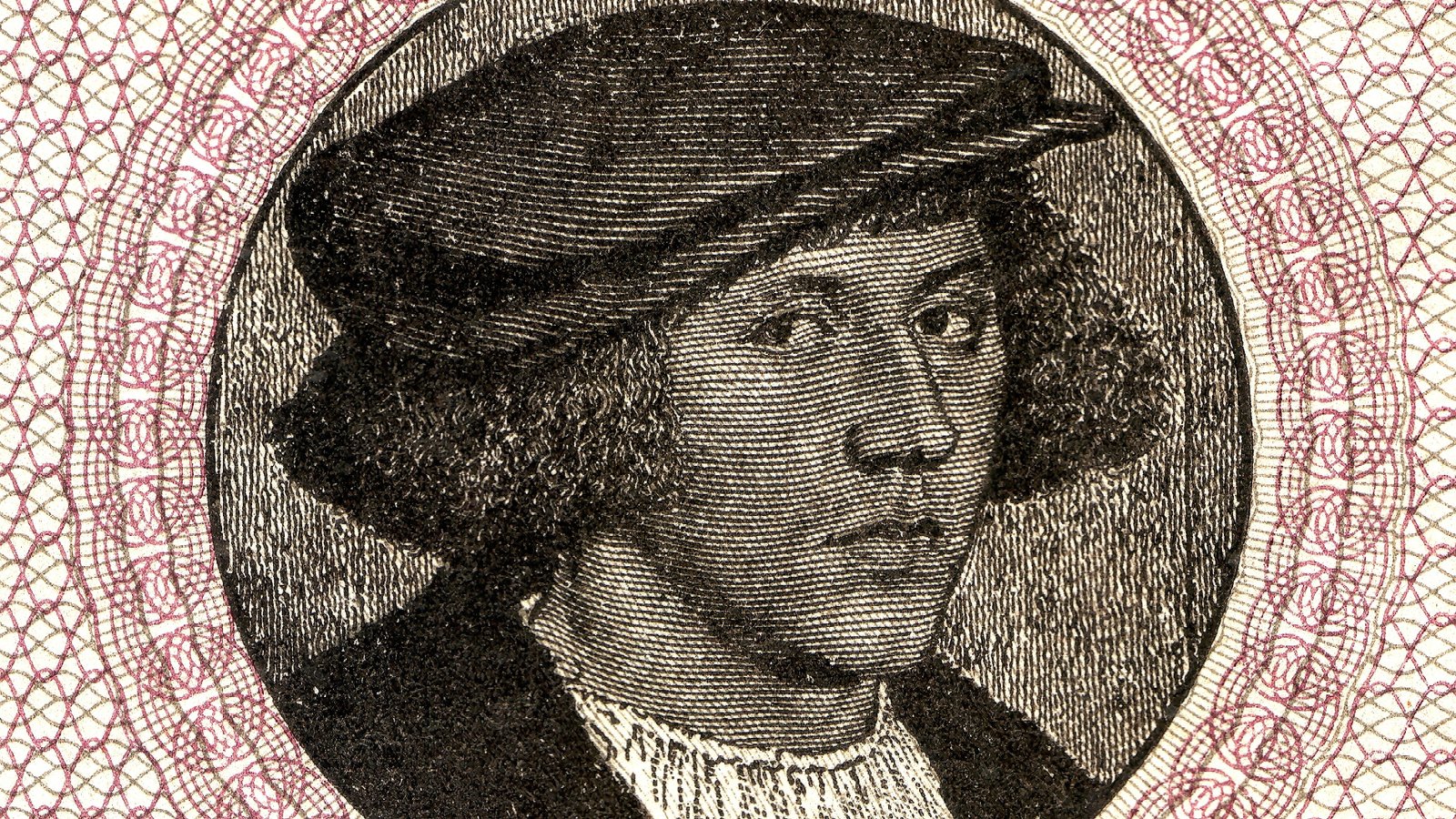 A 1923 copperplate engraving of Holbein's portrait of the Hanseatic merchant Georg Giese, set within banknote-style ornament