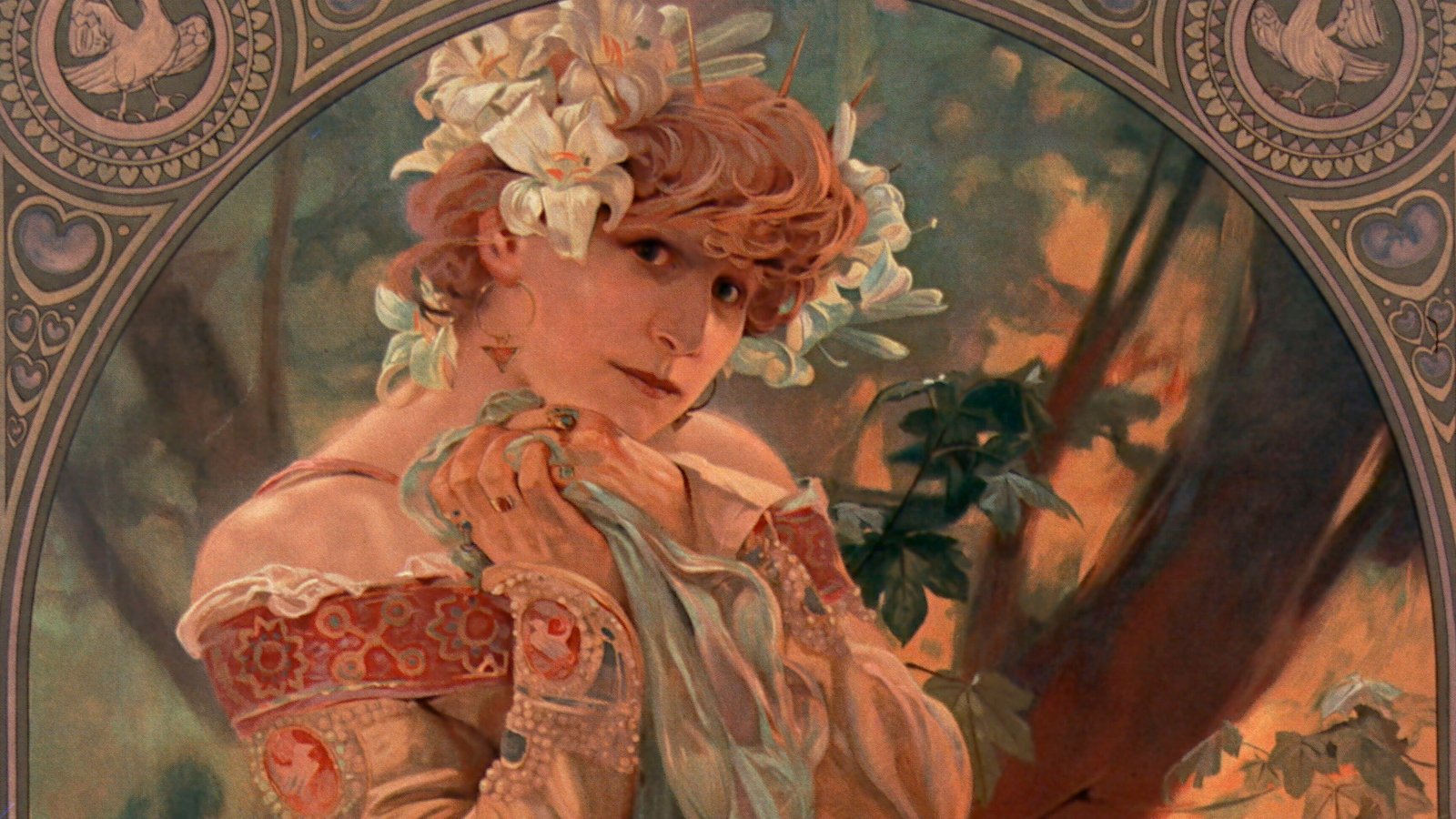 Portrait of Sarah Bernhardt from Alfons Mucha's poster for Lefèvre-Utile biscuits, which carries the actress's handwritten endorsement