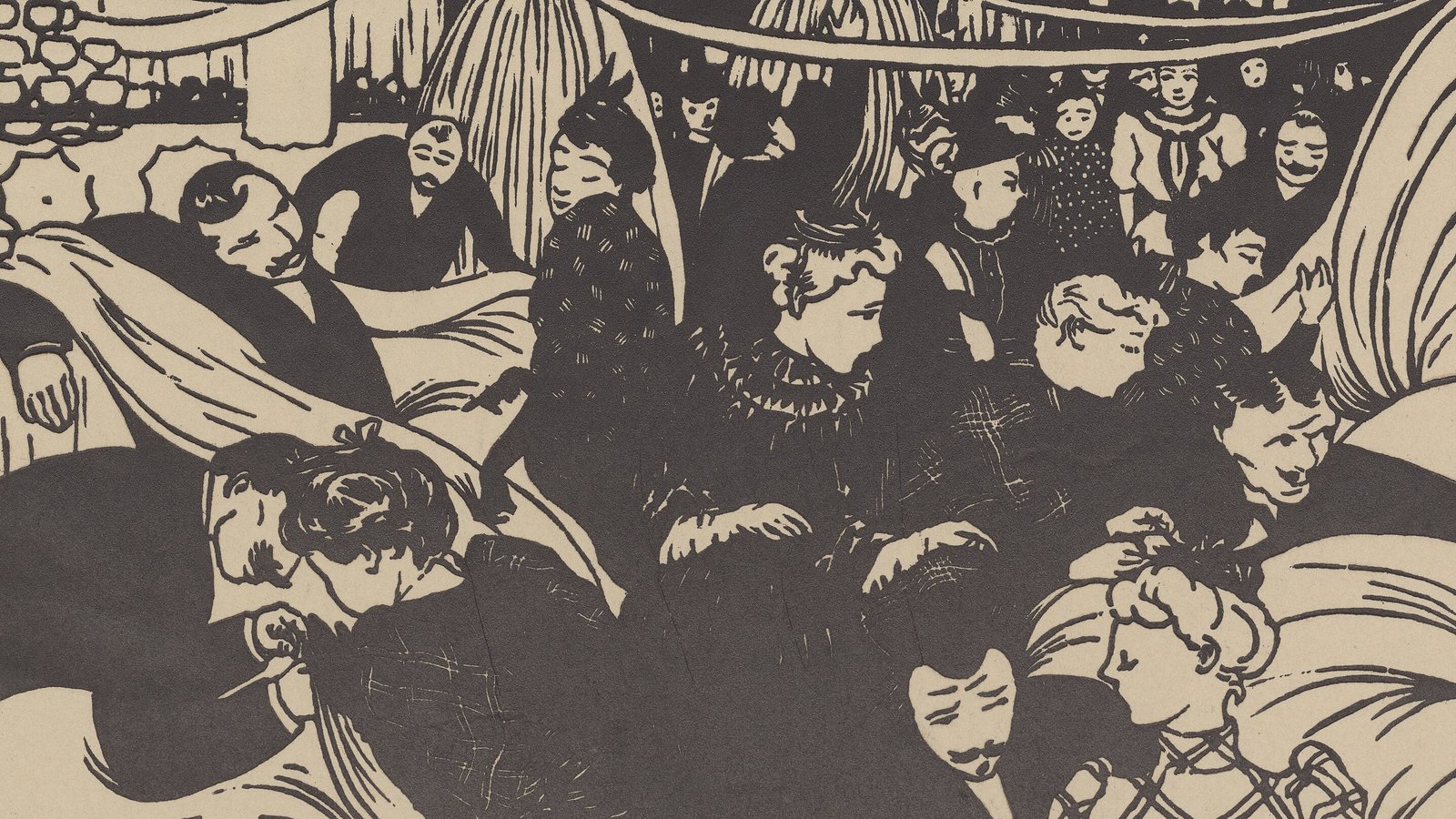 Félix Vallotton's 1893 woodcut Le Bon Marché: a dense crowd of shoppers among bolts of fabric under hanging drapes in a Paris department store