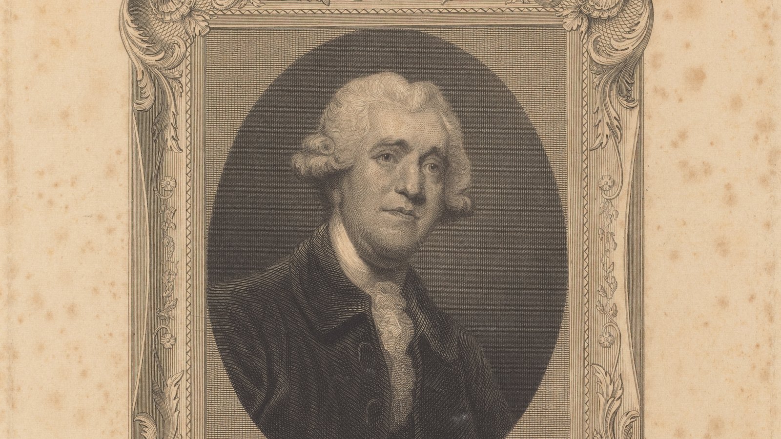 Oval çerçeve içinde, beyaz peruklu ve koyu ceketli Josiah Wedgwood'un çelik gravür portresi