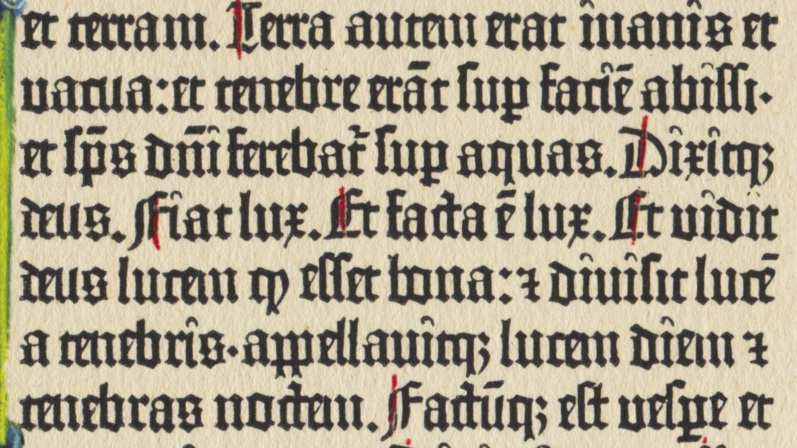 Gutenberg İncili'nin Yaratılış bölümünden gotik harflerle basılmış bir sayfa