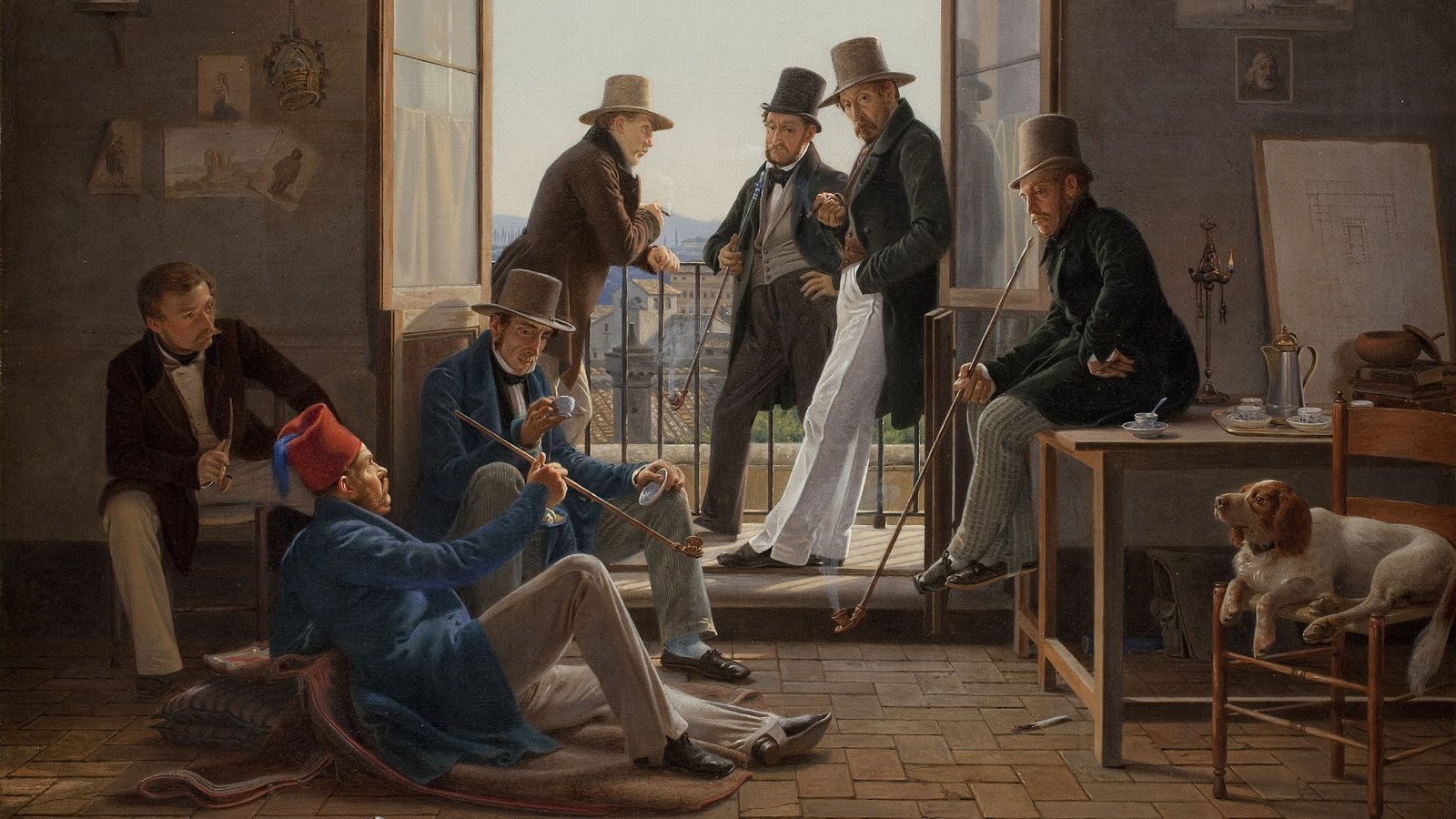 Young Danish painters chatting in a room in Rome, some seated, some standing at the balcony door