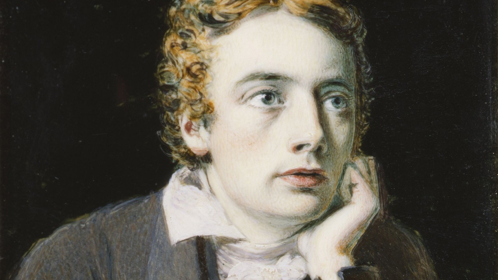 Portrait of the young poet John Keats, resting his chin on his hand with a thoughtful expression