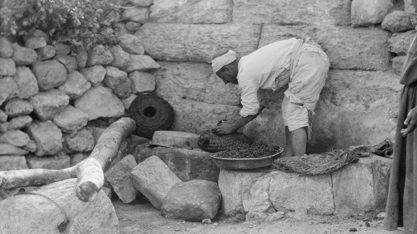 A worker filling baskets with crushed olives at a stone olive press, 1920