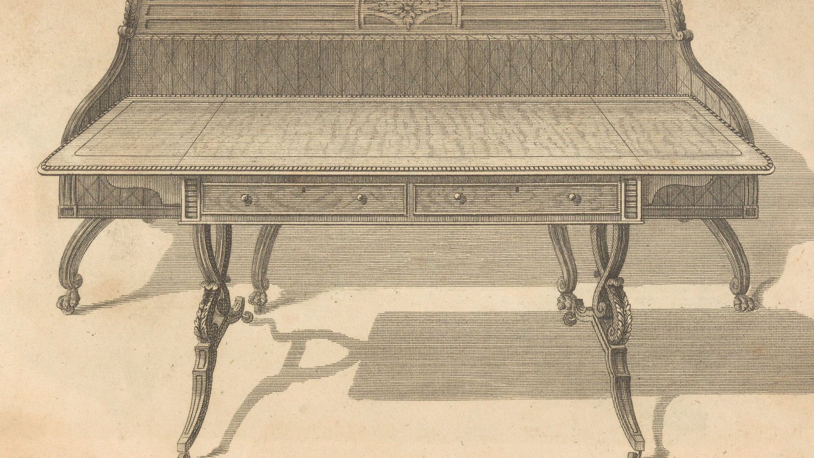A drawing of a fall-front writing desk from Thomas Sheraton's dictionary for cabinet-makers