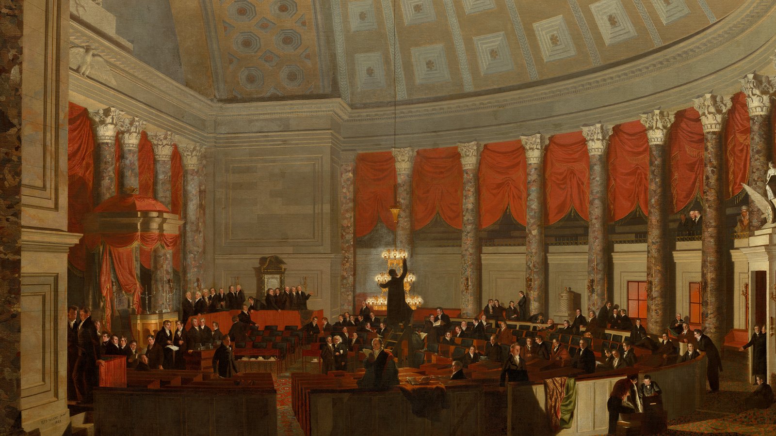 Samuel F. B. Morse's painting The House of Representatives, 1822: members gathered in the domed, colonnaded chamber with red curtains as a lamplighter lights the central chandelier