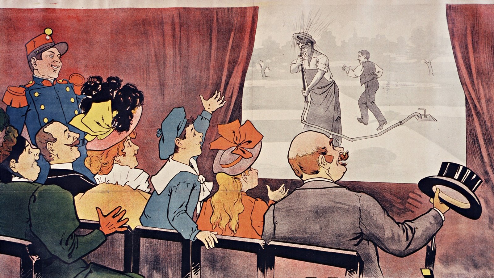 A Cinématographe Lumière poster showing an audience laughing as they watch a film on the screen