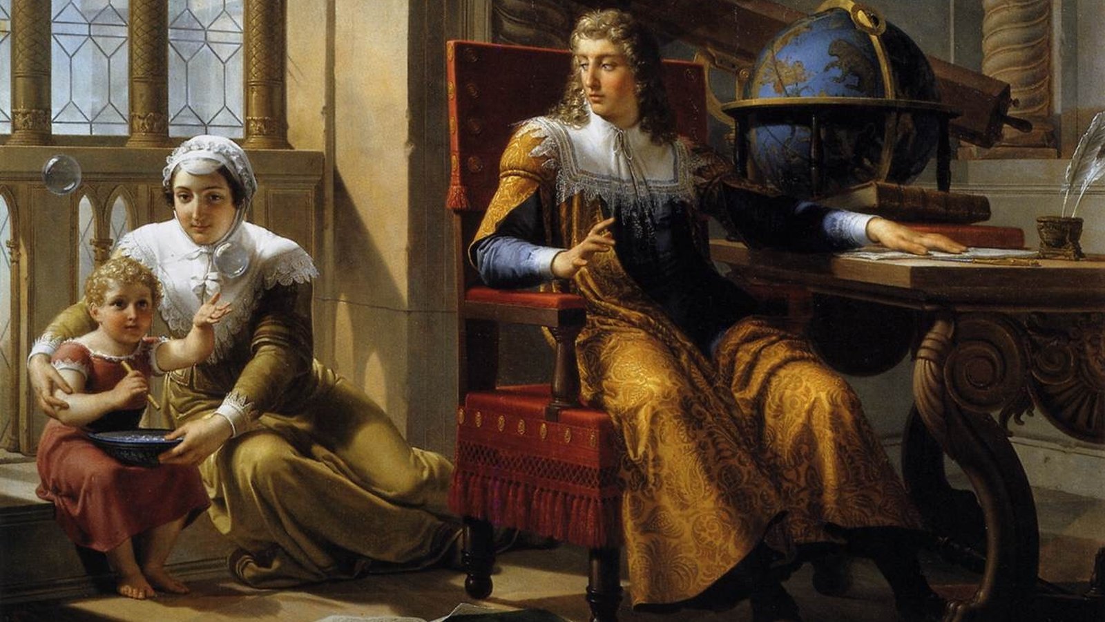 Isaac Newton lost in thought over a prism in his study, with a mother and her child playing by the window