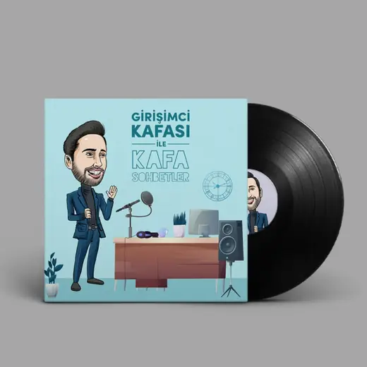 Kafa Sohbetler podcast kapağı: masada mikrofonla oturan Kaan Gülten karikatürü ve yanında plak
