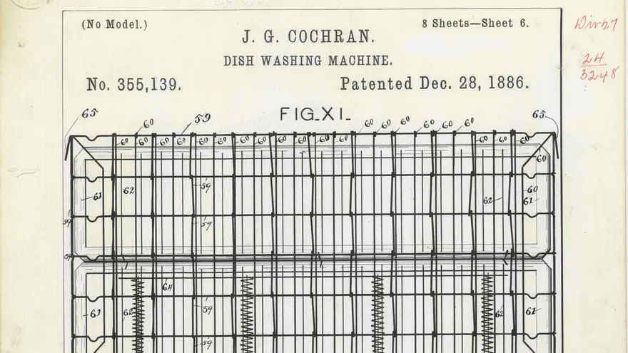 J. G. Cochran'ın 28 Aralık 1886 tarihli bulaşık makinesi patentinin altıncı sayfası: başlık ve tabaklar için tel bölmeli sepet çizimi