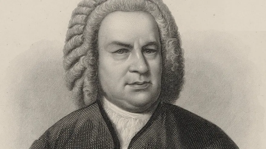 Peruklu ve düğmeli ceketiyle besteci Johann Sebastian Bach'ın 19. yüzyıl gravür portresi