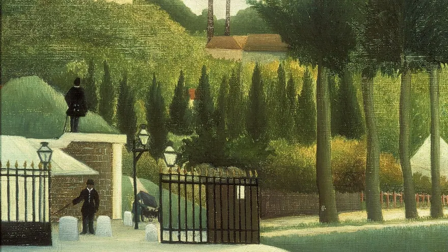 Henri Rousseau'nun Gümrük Kapısı tablosu: Paris'in kenarında demir bir kapının yanında iki üniformalı memur, arkada kavaklar ve yeşil tepeler