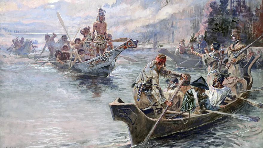 Charles M. Russell'ın 1905 tarihli Lewis and Clark on the Lower Columbia tablosu: sisli bir nehirde seferin oyma kanosu, kürekte geyik derisi giysili bir adam ve kıçta ayakta duran bir kaptan, yanında oymalı bir Chinook kanosu