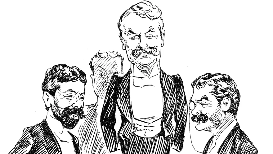Alfred Bryan'ın 1893 tarihli karikatüründe Richard D'Oyly Carte, W. S. Gilbert ve Arthur Sullivan yeniden yan yana