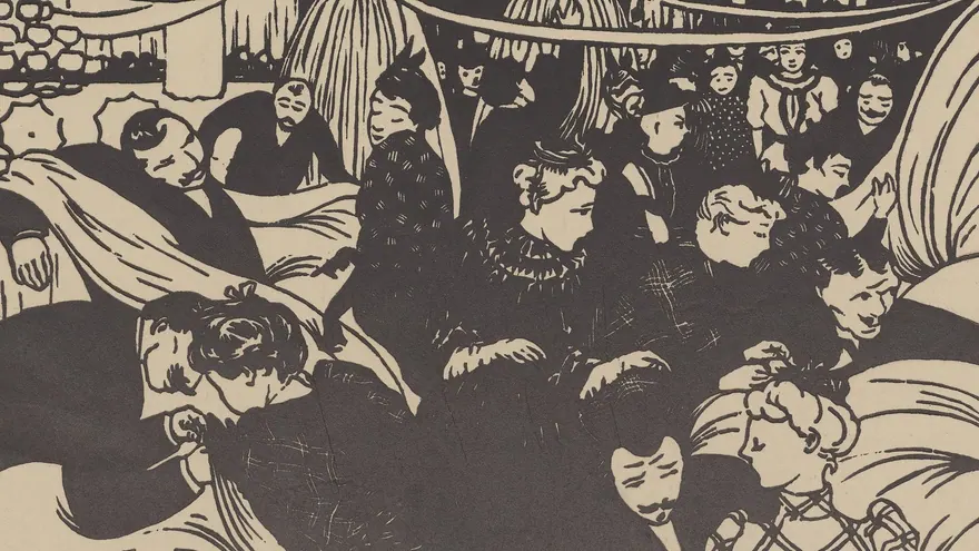 Félix Vallotton'un 1893 tarihli Le Bon Marché ağaç baskısında Paris'teki bir büyük mağazada kumaş topları ve sarkan perdeler arasında sıkışmış alışveriş kalabalığı