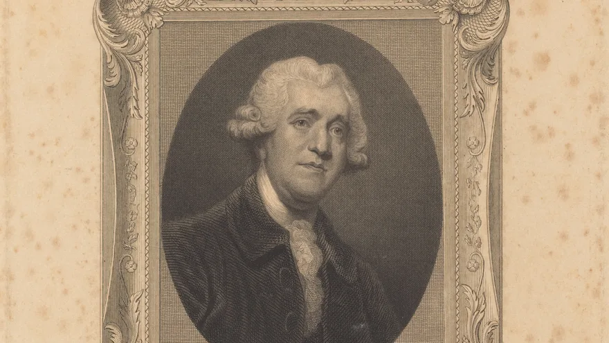 Oval çerçeve içinde, beyaz peruklu ve koyu ceketli Josiah Wedgwood'un çelik gravür portresi