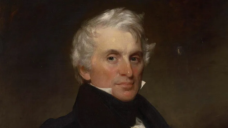 Francis Alexander'ın 1830 tarihli Frederic Tudor portresi: koyu kahverengi zemin önünde, yüksek yakalı koyu ceketli, beyaz saçlı bir adam