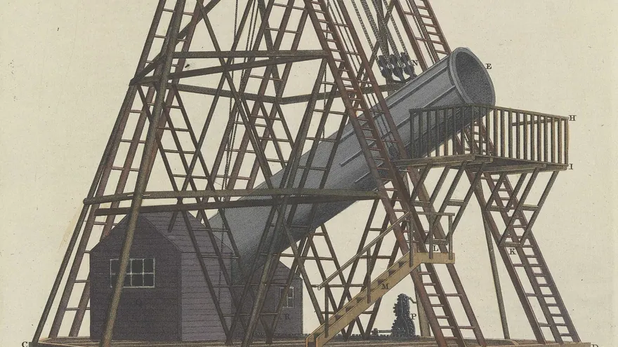 William Herschel'in direkler ve iplerle taşınan dev kırk fitlik yansıtmalı teleskobunun gravürü