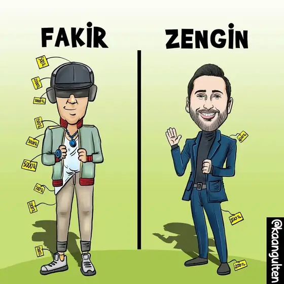 Karikatür: 'Fakir' ve 'Zengin' başlıklı iki panelde zengin gibi görünenle gerçekten zengin olanın karşılaştırması