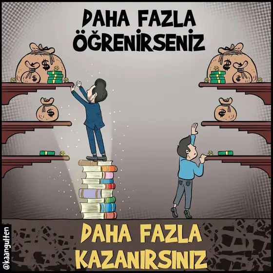 Karikatür: Kitapları basamak yapıp raflardaki para keselerine uzanan Kaan Gülten; 'Daha fazla öğrenirseniz daha fazla kazanırsınız' yazısı