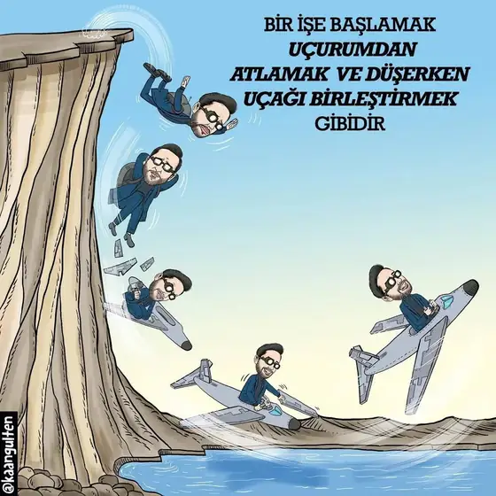 Karikatür: Uçurumdan atlayıp düşerken uçağını birleştiren Kaan Gülten; 'Bir işe başlamak uçurumdan atlamak ve düşerken uçağı birleştirmek gibidir' yazısı