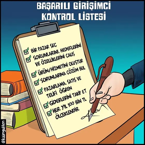 Karikatür: Kalemle işaretlenen 'Başarılı girişimci kontrol listesi'